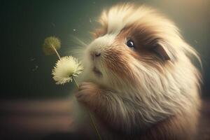 Lovely hairy guinea pig blows a dandelion photo