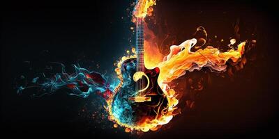 Burning guitar eith flames and colorful smoke photo