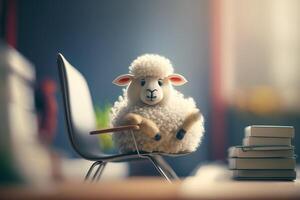 A funny and cute sheep sitting in an executive office chair photo