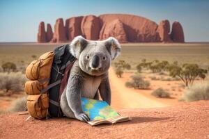 coala en grande aventuras con mochila y mapa ai generado contenido foto