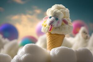 Fluffy Sheep in an Ice Cream Wonderland with Cotton Candy Clouds photo