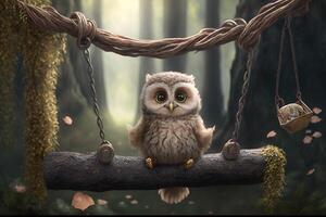 cute little baby owl is sitting on a wooden swing in the forest photo