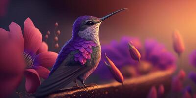 flying hummingbird closeup in purple color scheme illustration photo