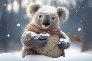 Koala in winter sits in the snow with snowflakes content photo