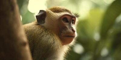 Tiny monkey exploring lush rainforest foliage photo