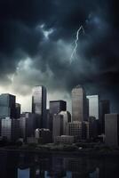 Financial Storm City Skyline during Bank Run with Thunder and Lightning photo