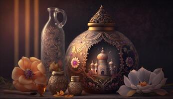 Miniature Indian Palace in a Vase, Arranged in a Still Life Setting with Flowers and Decorations photo