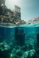 The Mystical Sunken City A Half-Submerged View of Atlantis in Crystal Blue Waters AI generated photo