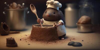 A Funny and Sweet Mole Wearing a Chef's Hat and Cooking with a Spoon photo