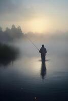 Fishing at Dawn Angler in the misty lake with fishing rod photo