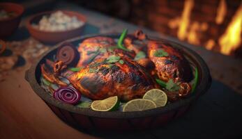 Rustic Tandoori Chicken served in clay dish on wooden table with grill flames in background photo