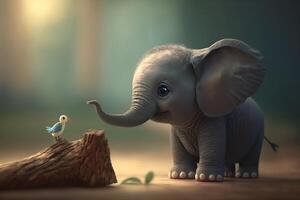 Little Cute Elephant Playing with a Small Bird in the Garden photo