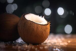 Sliced Coconut on Wooden Table with Blurred Bokeh Background photo