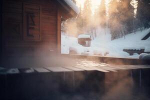 Early Morning Sauna in Snowy Mountain Hostel with Sunlit Windows and Sunrise photo