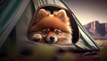 Camping companion Pomeranian pup peeking out of tent photo