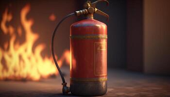 Fire Extinguisher with Flames in Background - Fighting Fire with Essential Safety Equipment photo