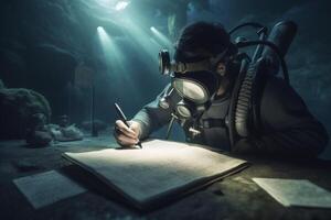 Diver studying underwater map for exploration photo