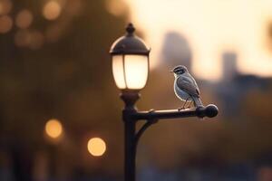 urbano fauna silvestre majestuoso pájaro en un ciudad lámpara enviar a oscuridad ai generado foto