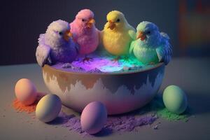 Adorable Little Chicks Painting Easter Eggs and Covered in Colors photo