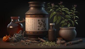 el Arte de tradicional chino medicina un monitor de curación hierbas ai generado foto