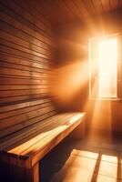 Radiant Sauna A Serene Escape with Sunbeams and Warm Wood photo