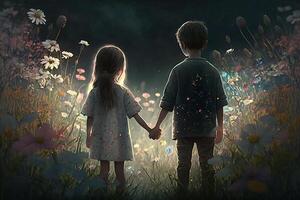 Illustration of a little boy and girl in a fantasy world holding hands from behind photo