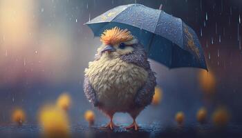 Little Chick with Umbrella Standing in the Rain photo