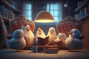 Curious Chickens Reading a Book with Surprise photo