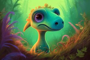 Vibrant and Hilarious Digital Comic Illustration Playful Compsognathus Dinosaur in Colorful Art photo