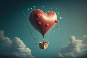 Beautiful red air balloon heart shape against blue sky. Romantic trip on Valentine's Day. Illustration photo