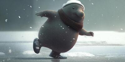 Adorable mole having fun on the ice rink during winter time photo