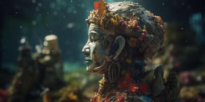 Coral-Encrusted Ancient Sculpture Head in Underwater Setting photo