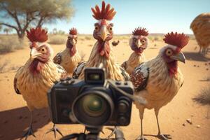 torpe pollo paparazzi un grupo de divertidísimo pollos en safari ai generado foto
