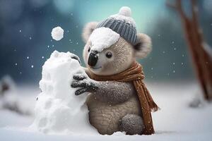 Koala in winter sits in the snow with snowflakes content photo