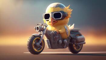 acelerando arriba divertido frio pollo en un Sobrealimentado juguete motocicleta ai generado foto