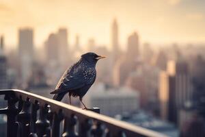 salvaje pájaro encaramado en acero barandilla de fuego escapar, con urbano horizonte durante puesta de sol en antecedentes ai generado foto