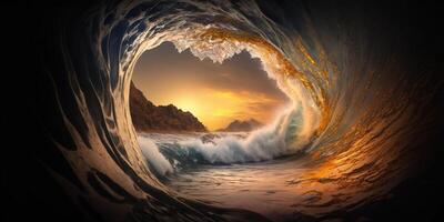 Illustration Looking through a dramatic ocean wave at sunset content photo