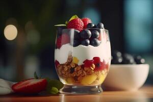 en capas baya yogur parfait con Granola ai generado foto