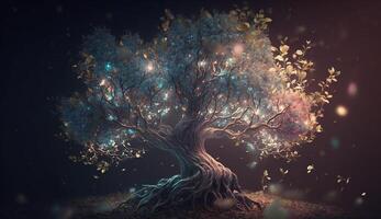 Enchanted Glowing Tree with Sparkling Lights and Twinkling Elements photo