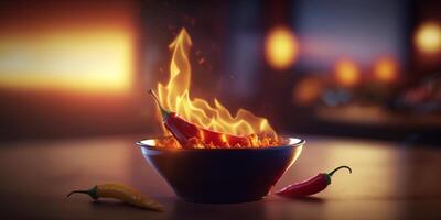 ilustración de cuenco de chile con chile pimientos, llamas y fuego ai generado foto