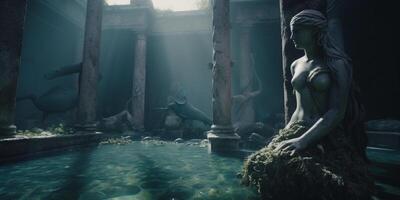 sirena escultura en antiguo restos paisaje en místico azul atmósfera ai generado foto