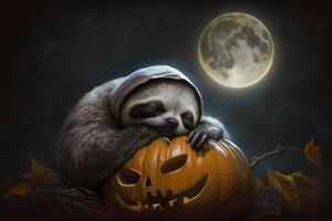 Exhausted tired sloth has fallen asleep on a Halloween pumpkin photo