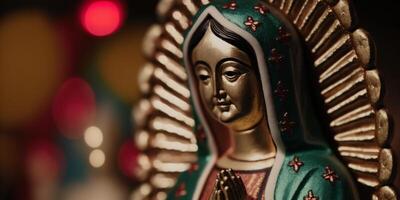 devoción a el Virgen de guadalupe sagrado de madera figura para el mexicano fiesta ai generado foto