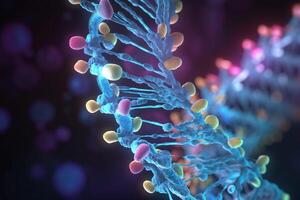 resumen 3d ilustración de proteína biosíntesis proceso en microscópico escala con vibrante colores ai generado foto