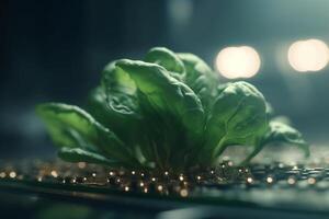 Thriving Spinach Plants Cultivated under Artificial UV Light in a Lab Setting photo