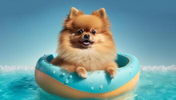 Cute Pomeranian Dog Floating in a Pool with a Swim Ring in Summertime photo