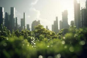 Green metropolis of the future High-tech city with lush vegetation and clear skies photo