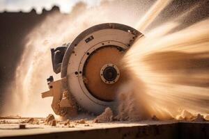 Witness the power and precision of a hand-held circular saw as it cuts through material, creating a shower of sawdust illuminated by the warm, golden light of a summer day photo
