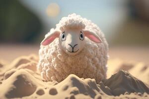 linda pequeño oveja jugando en el arena en el playa ai generado foto