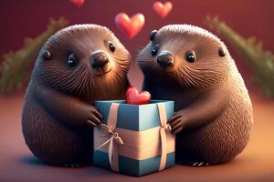 Illustration two funny moles with hearts and gifts Valentine's Day Wedding Anniversary Mother's Day content photo